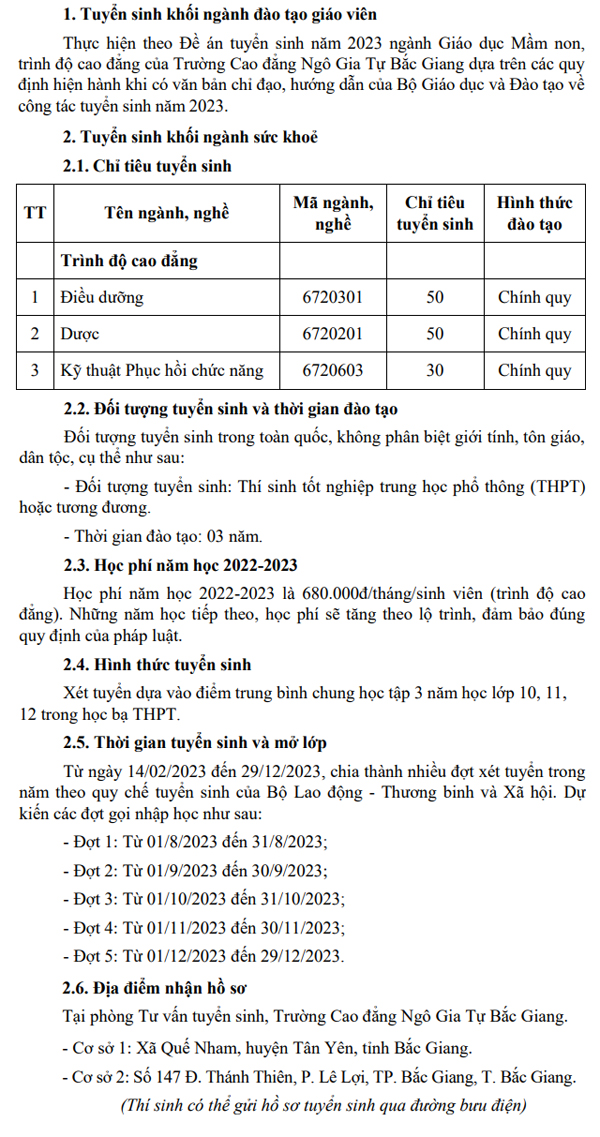 Trường Cao đẳng Ngô Gia Tự Bắc Giang - Thông tin tuyển sinh