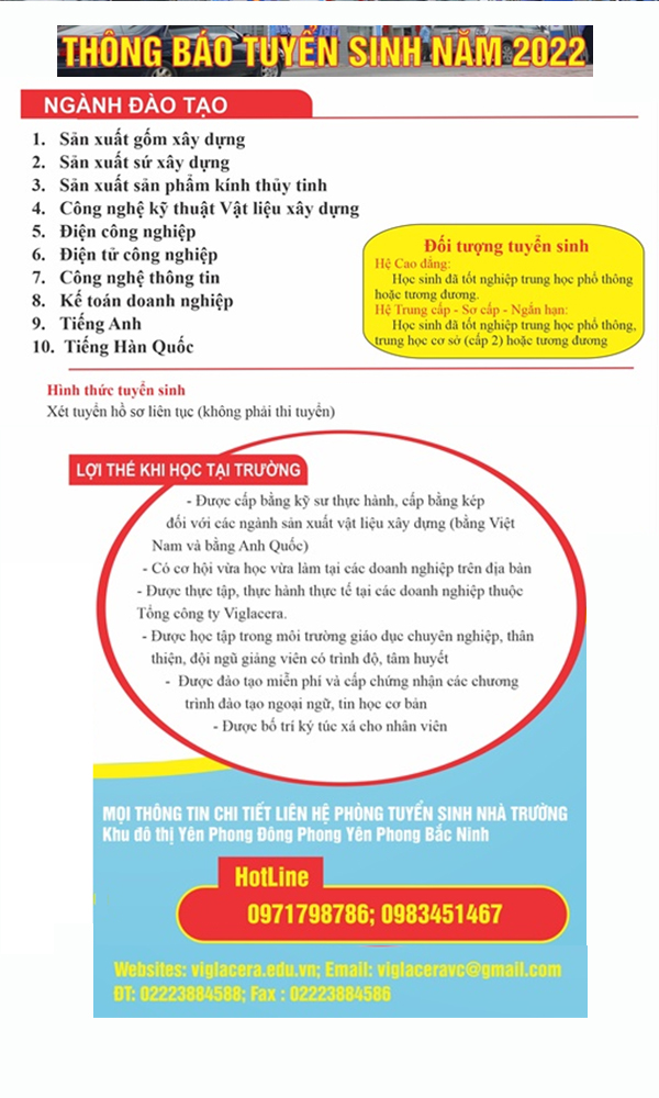 Trường Cao đẳng Viglacera - Thông tin tuyển sinh Trường Cao đẳng Viglacera - Thông tin tuyển sinh